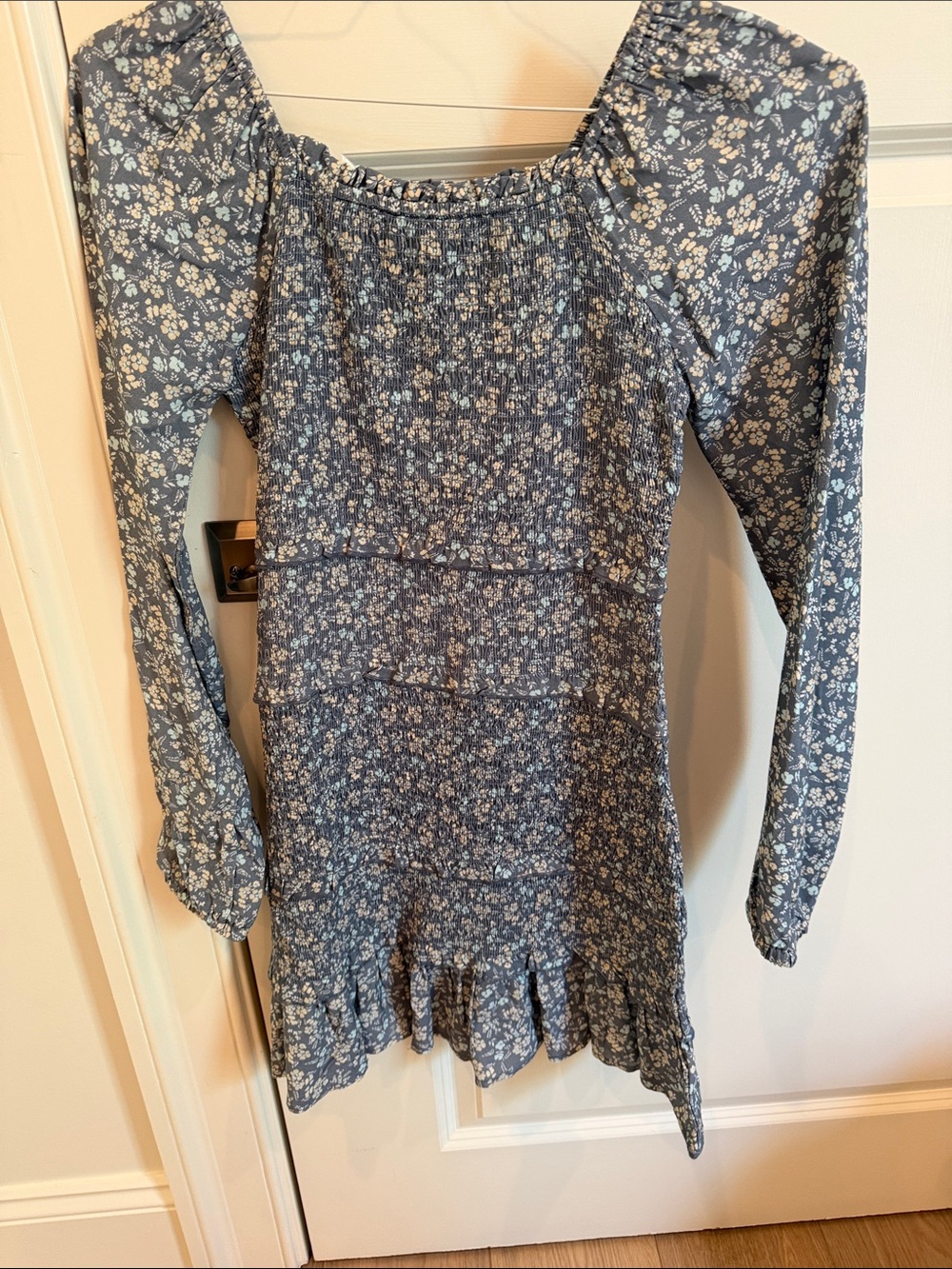 Girls slate blue floral smocked mini dress, long sleeve, EUC, size 12